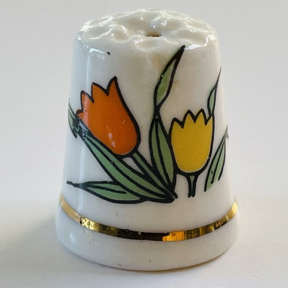 Spring Flowers Porcelain Thimble Tulip Gold Trim Floral Yellow Orange Decor Item
